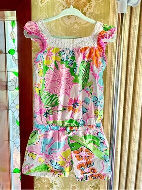 Lilly Pulitzer Girls 4T Floral Romper Pink Green Summer Tropical Beach Resort